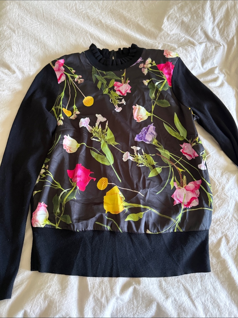 Ted Baker Black Floral Crewneck Sweater with Pink & Yellow Accents